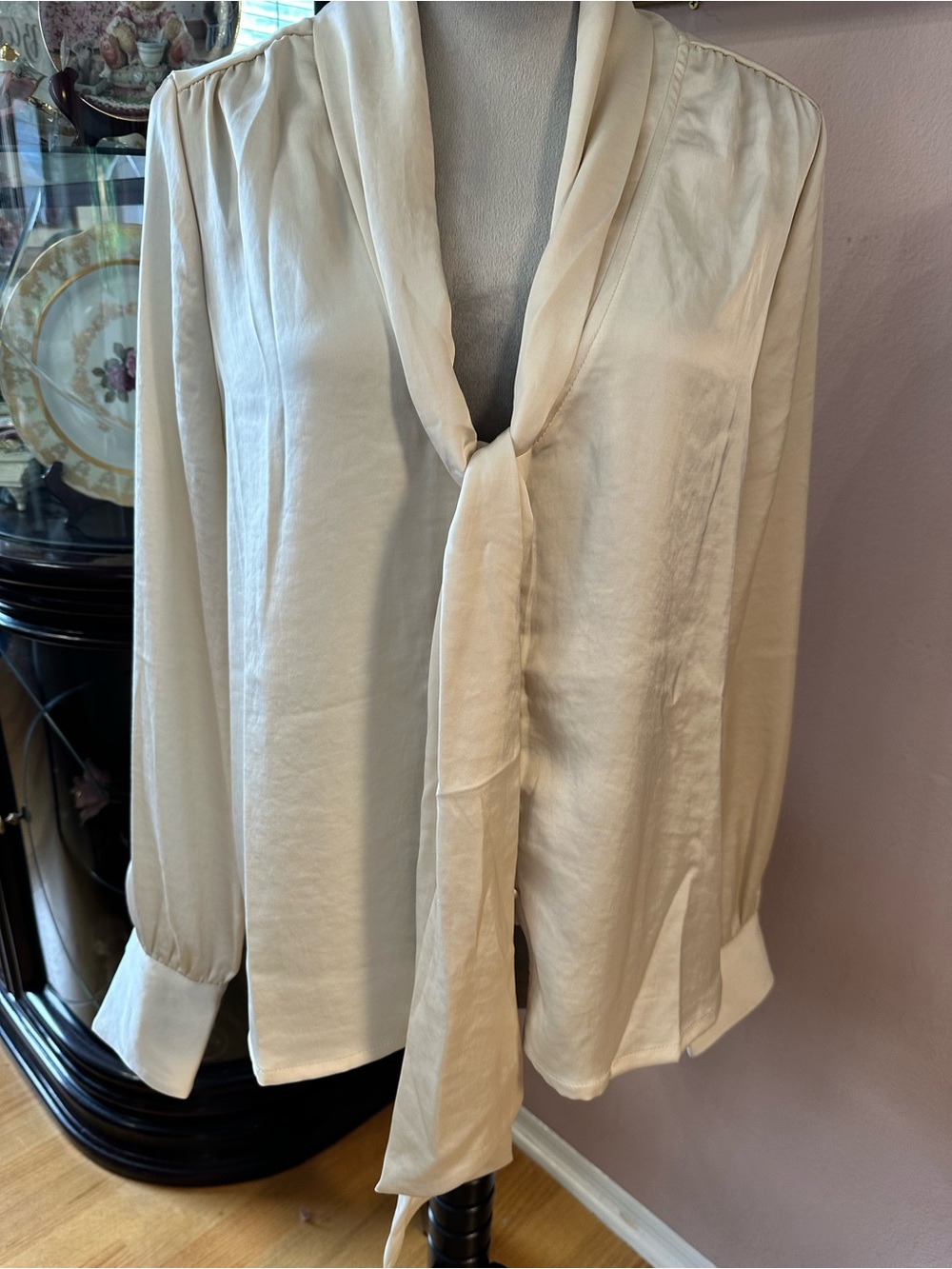 Cream Long Sleeve Tie-Neck Blouse